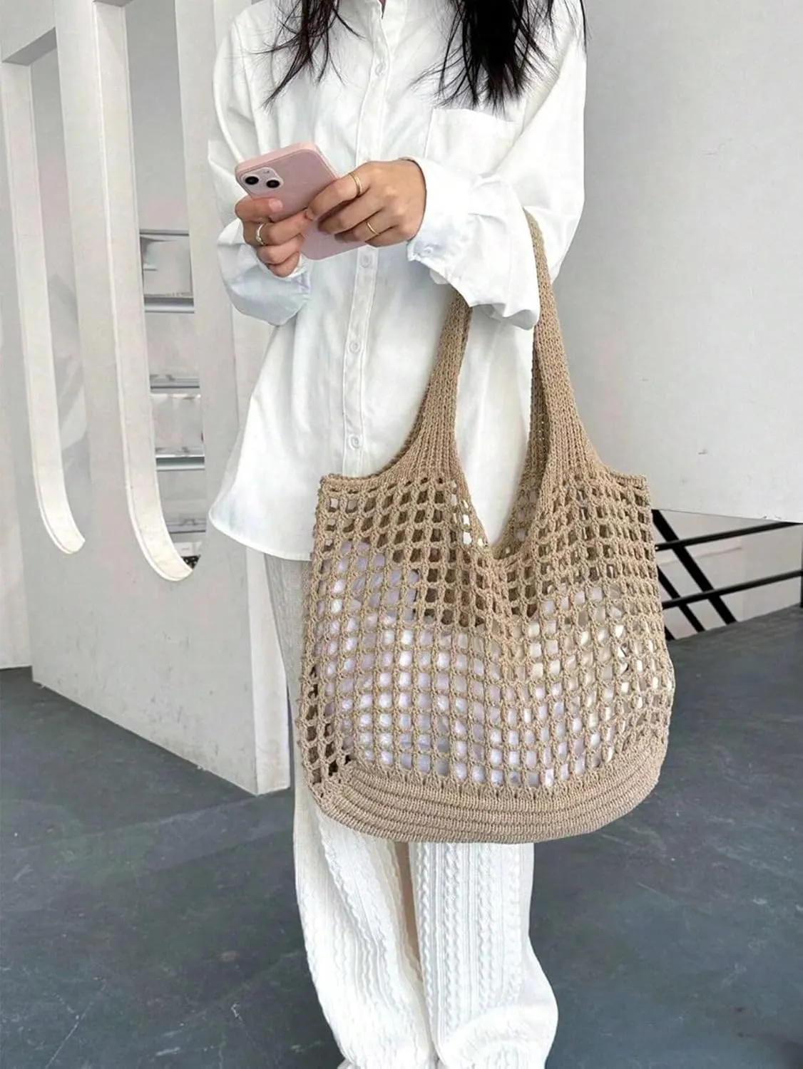 SHENHE Women's Solid Color Hollow Out Woven Shopping Crochet Handbag Top handle Bag Summer Beach Tote Purse Storage Mesh Bag