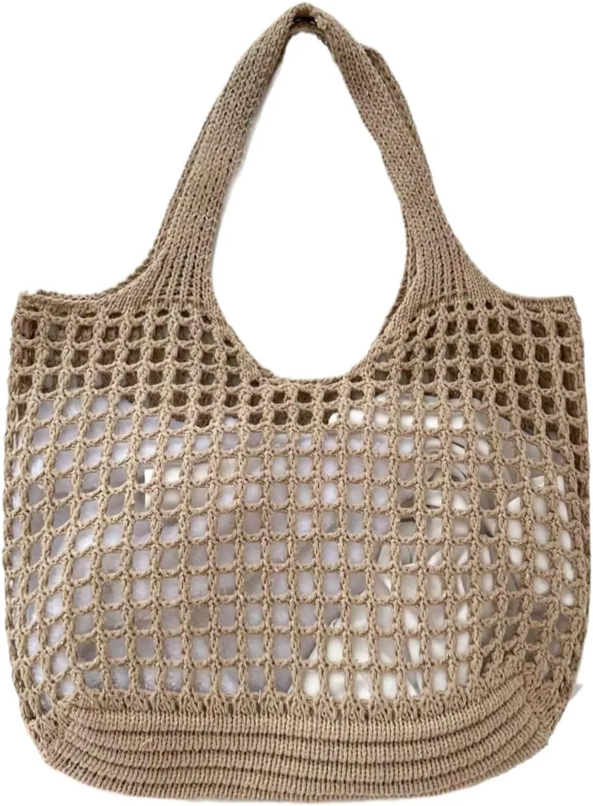 SHENHE Women's Solid Color Hollow Out Woven Shopping Crochet Handbag Top handle Bag Summer Beach Tote Purse Storage Mesh Bag