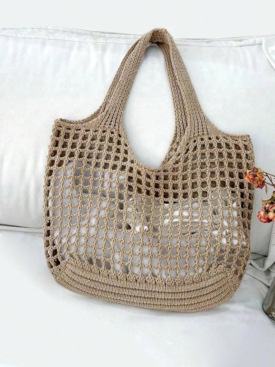 SHENHE Women's Solid Color Hollow Out Woven Shopping Crochet Handbag Top handle Bag Summer Beach Tote Purse Storage Mesh Bag