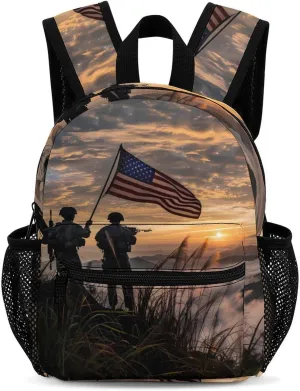 Silhouette of Soldiers with U.S Flag 13 Inch Backpack Waterproof Lightweight Travel Backpack Purse Hiking Daypack