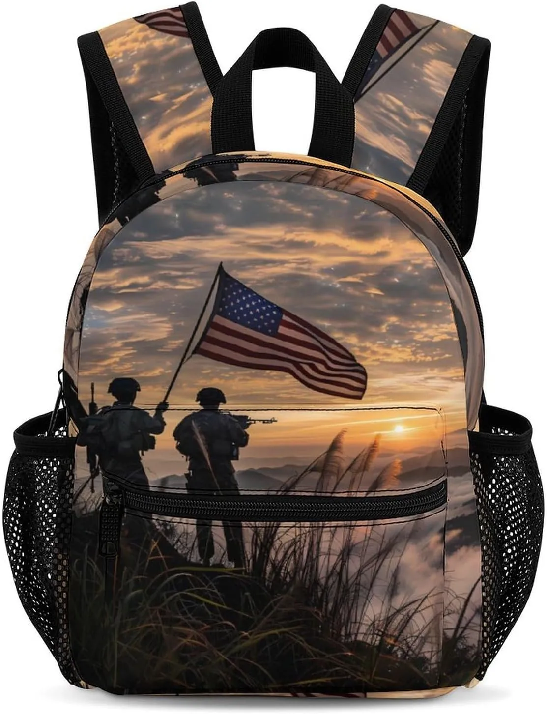 Silhouette of Soldiers with U.S Flag 13 Inch Backpack Waterproof Lightweight Travel Backpack Purse Hiking Daypack