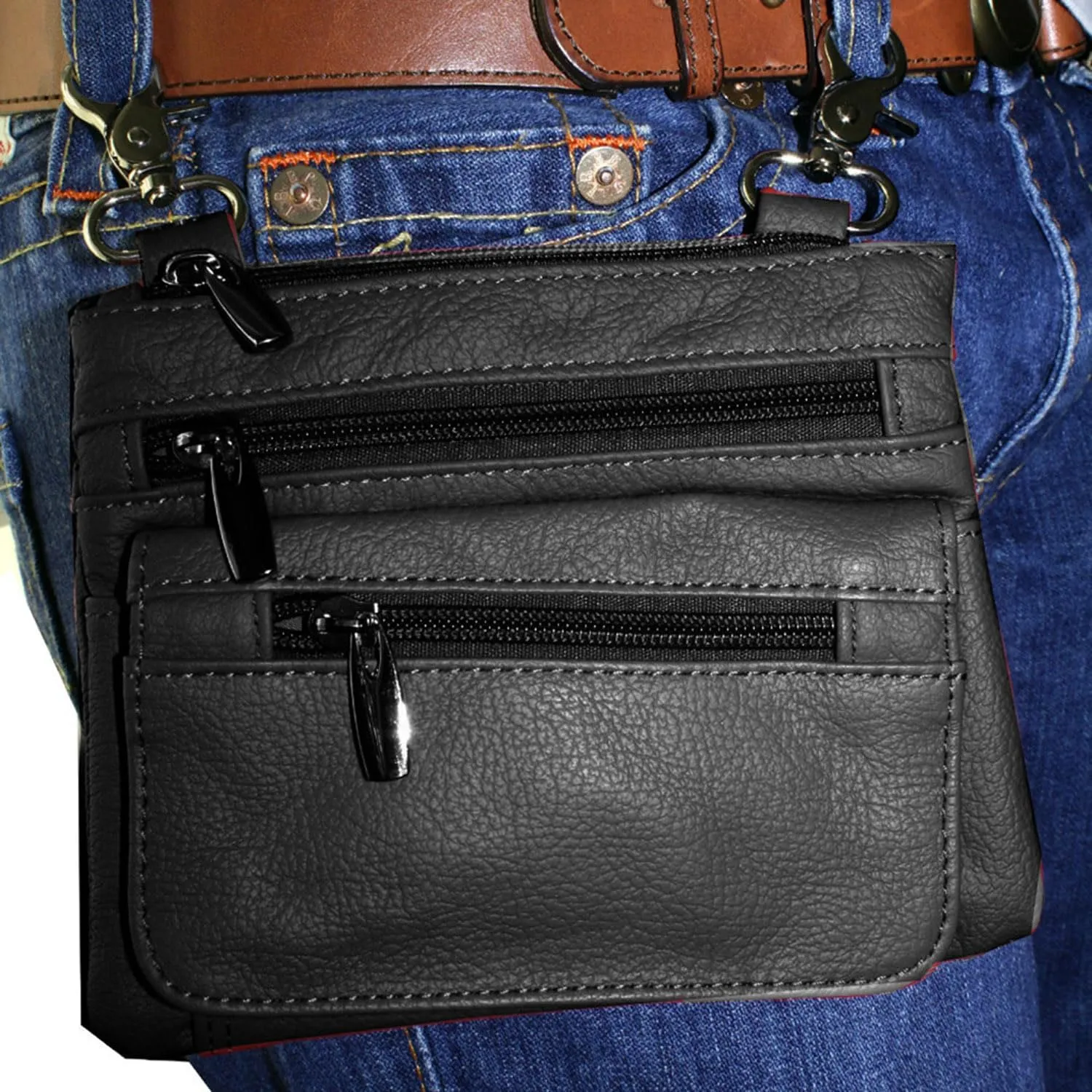 SILVERFEVER Leather Bike Rider Accordion Bag Cross Body Belt Phone Pack Pouch (Black)