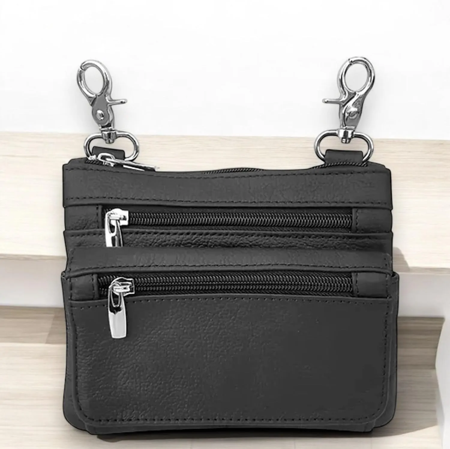 SILVERFEVER Leather Bike Rider Accordion Bag Cross Body Belt Phone Pack Pouch (Black)