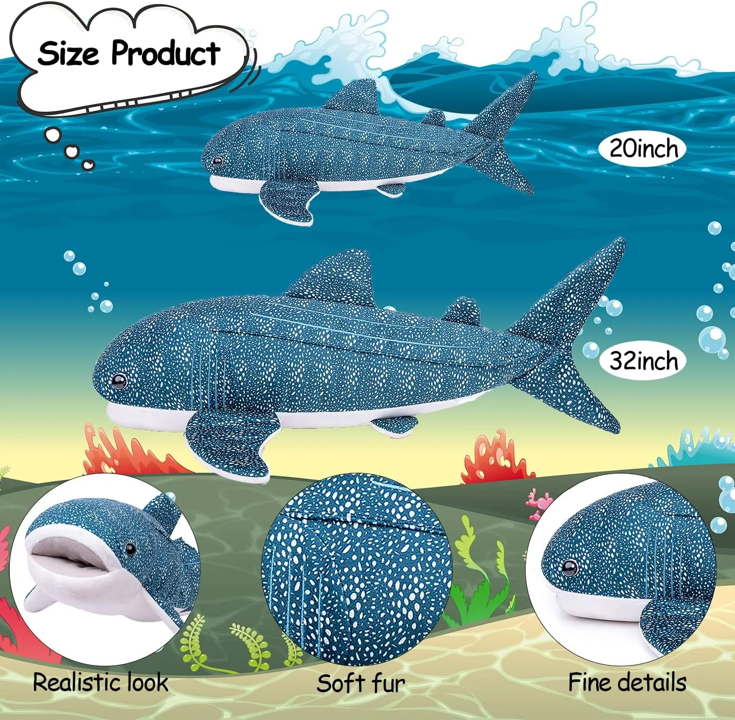 Simulation Scared Shark Plush Toys, Scared Shark Stuffed Animals Cute and Soft Realistic Ocean Animal Plush Kids Birthday Gift Family Decorations 20inch Blue