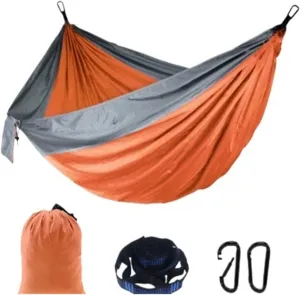 Single Person Portable Camping Hammock - High Strength Nylon Parachute Fabric Hanging Bed for Outdoor Use(Orange Grey)