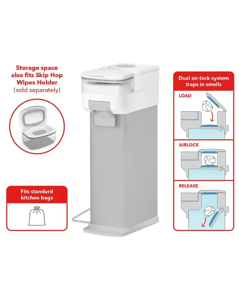 Skip Hop Diaper Pail with Dual Air-Lock, Universal Refill Bags, White