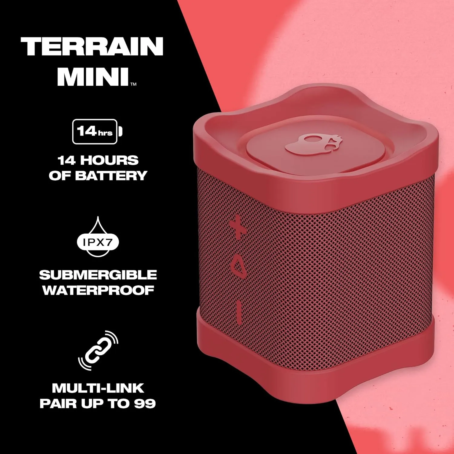 Skullcandy Terrain Mini Wireless Bluetooth Speaker - IPX7 Waterproof Portable Speaker with Dual Custom Passive Radiators, 14 Hour Battery, Nylon Wrist Wrap, & True Wireless Stereo