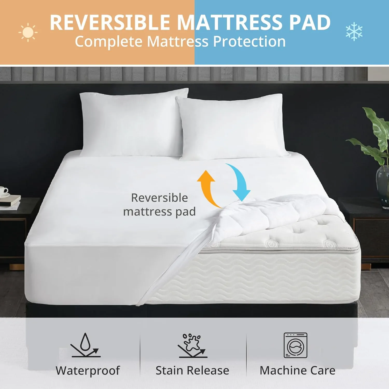 Sleep Philosophy Waterproof Mattress Protector Queen Size Mattress Pad, Warm & Cool Reversible Quilted & Fitted Plush Mattress Topper, HeiQ Temperature Regulating, Deep Pocket Fits Up to 18" White