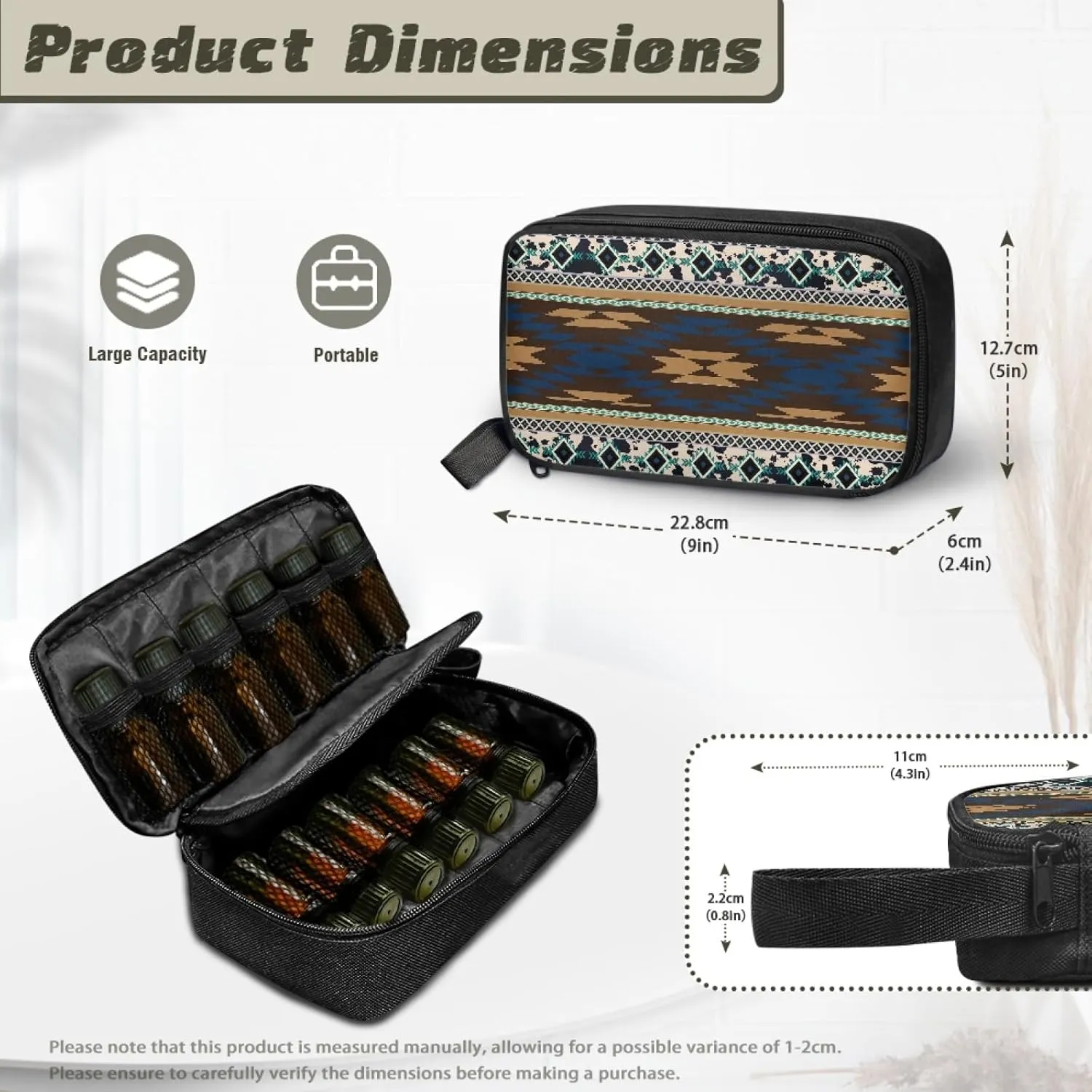 Small Essential Oils Storage Essential Oils Carrying Case for 12 Bottles 5ml 10ml 15ml Shockproof Zipper Closure Nail Polish Organizer Holder, American Tribal