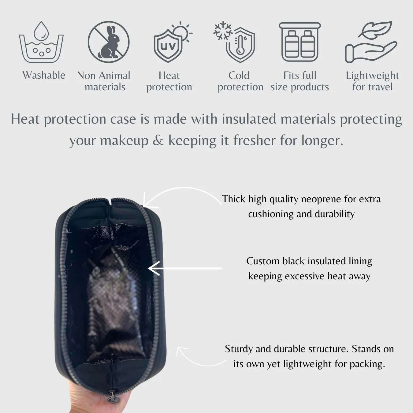 Small heat-resistant makeup bag, beauty case. Insulated cosmetic bag helps protect makeup from melting, spoiling and expiring quickly. Heat proof makeup bag for car (Case, Black Case)