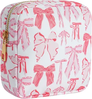 Small Waterproof Nylon Makeup Bag with Bow Pattern, Aesthetic Cosmetics Pouch and Toiletry Bag for Travel, Cute Makeup Organizer Storage Pouch for Women Girls(04Red Bow)