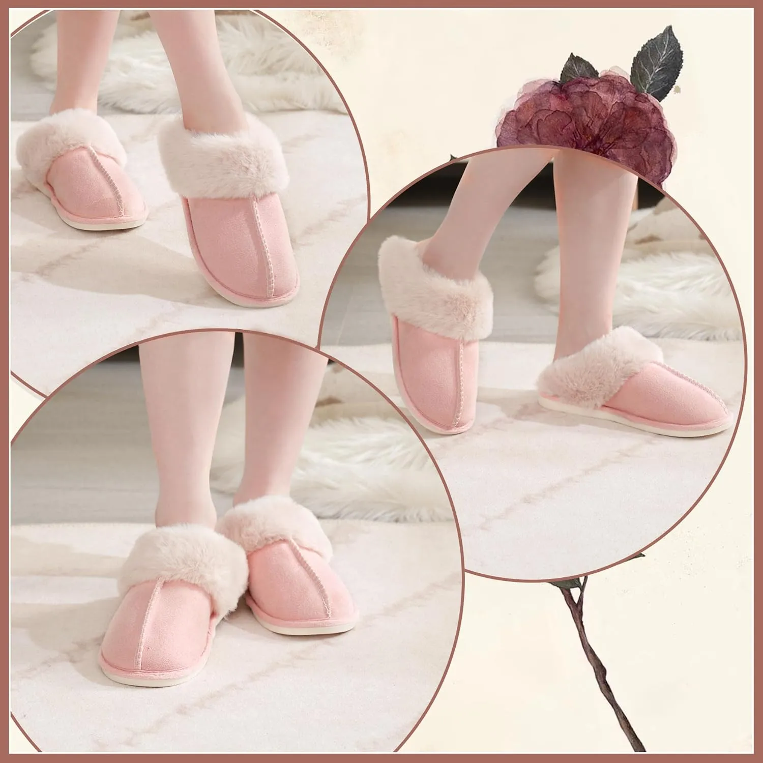 SNOWDROP Women's Memory Foam Slippers - Non-Slip Soft Warm Cozy Fluffy Fuzzy Faux Fur - Indoor Outdoor House Footwear
