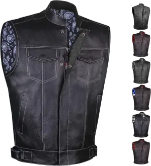SOA Men's Leather Motorcycle Concealed Gun Pockets Biker Club Vest w/Armor
