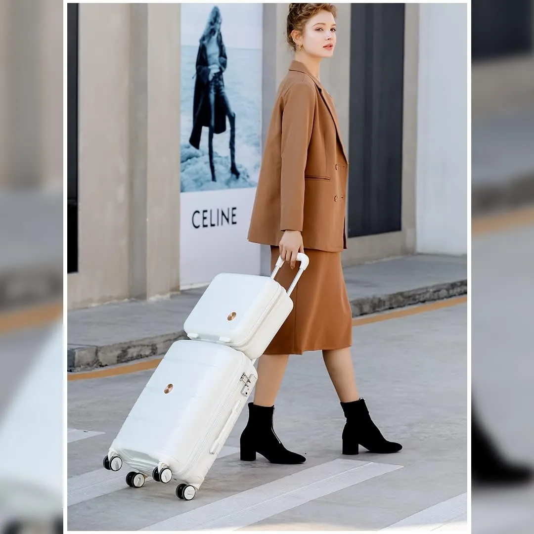 Somago 20" Carry On Luggage and 14" Mini Cosmetic Cases Travel Set Lightweight Polypropylene Suitcase with TSA Lock YKK Zipper Hardside Luggage with Spinner Wheels (2 Piece Set, Creamy White)