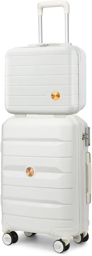 Somago 20" Carry On Luggage and 14" Mini Cosmetic Cases Travel Set Lightweight Polypropylene Suitcase with TSA Lock YKK Zipper Hardside Luggage with Spinner Wheels (2 Piece Set, Creamy White)