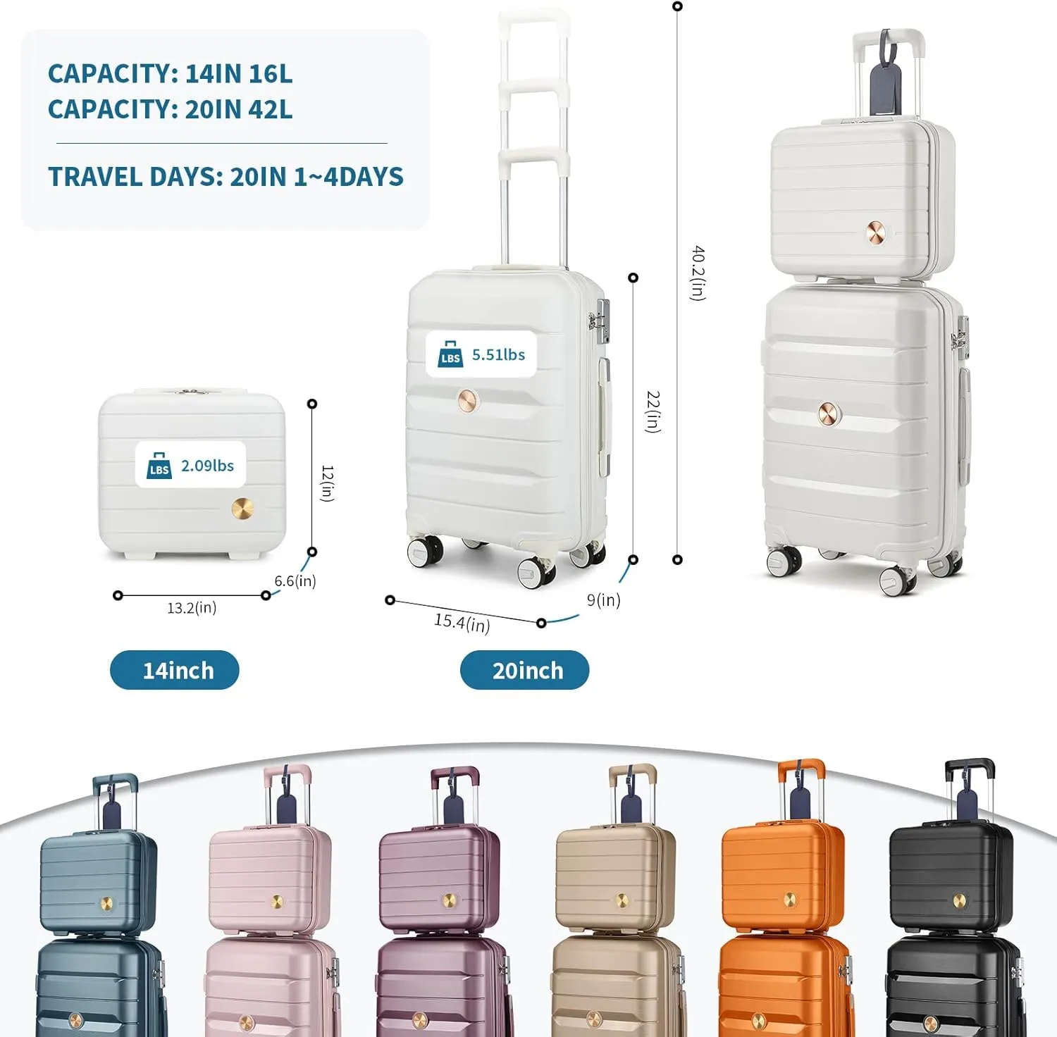Somago 20" Carry On Luggage and 14" Mini Cosmetic Cases Travel Set Lightweight Polypropylene Suitcase with TSA Lock YKK Zipper Hardside Luggage with Spinner Wheels (2 Piece Set, Creamy White)