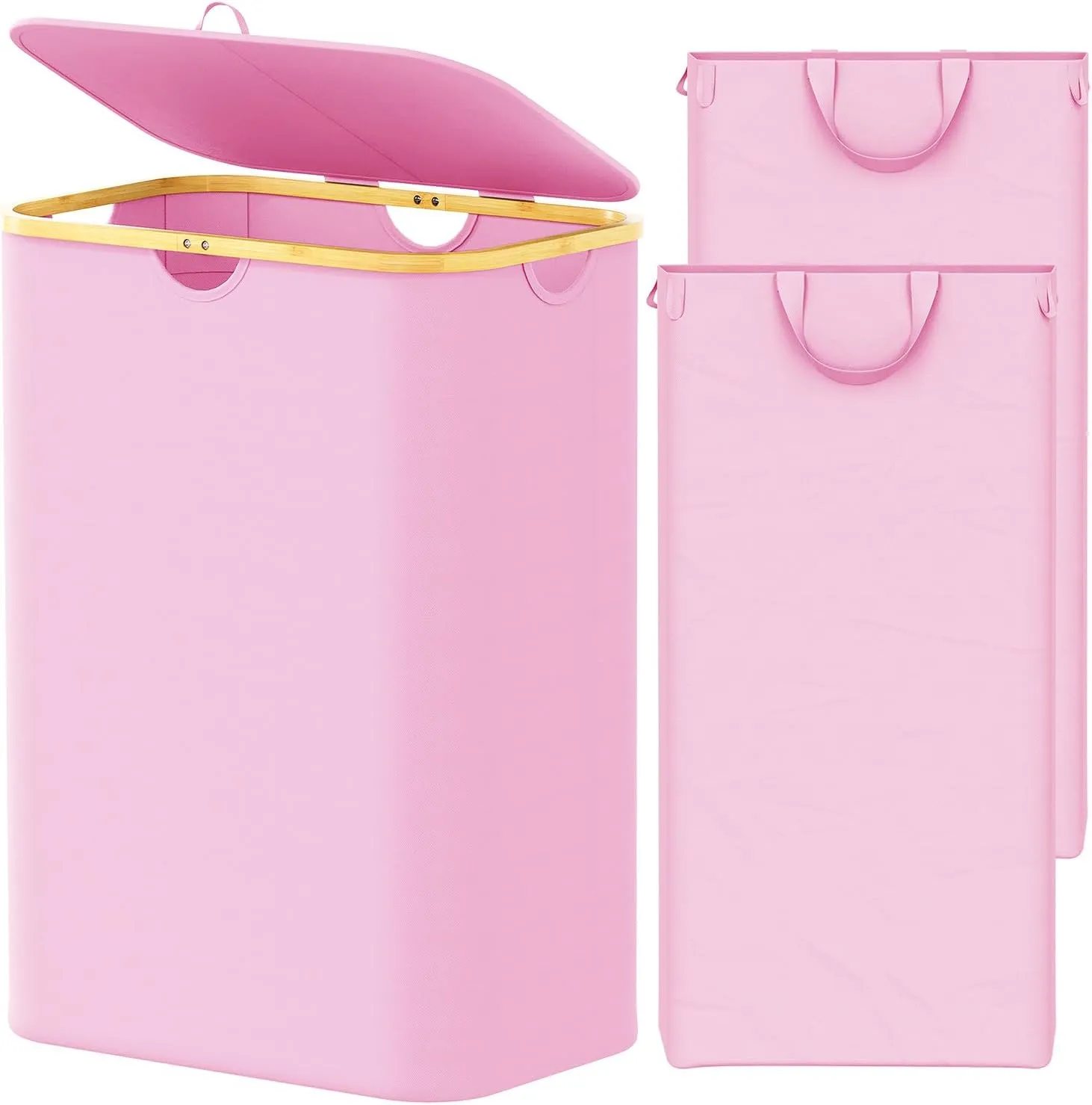 SpaceAid Double Laundry Hamper 2 Section with Lid and Removable Laundry Bags, 160L Clothes Basket with Bamboo Handles, Large Collapsible Hamper for Bedroom, Bathroom, Dorm, Laundry Room - Pink