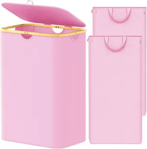 SpaceAid Double Laundry Hamper 2 Section with Lid and Removable Laundry Bags, 160L Clothes Basket with Bamboo Handles, Large Collapsible Hamper for Bedroom, Bathroom, Dorm, Laundry Room - Pink