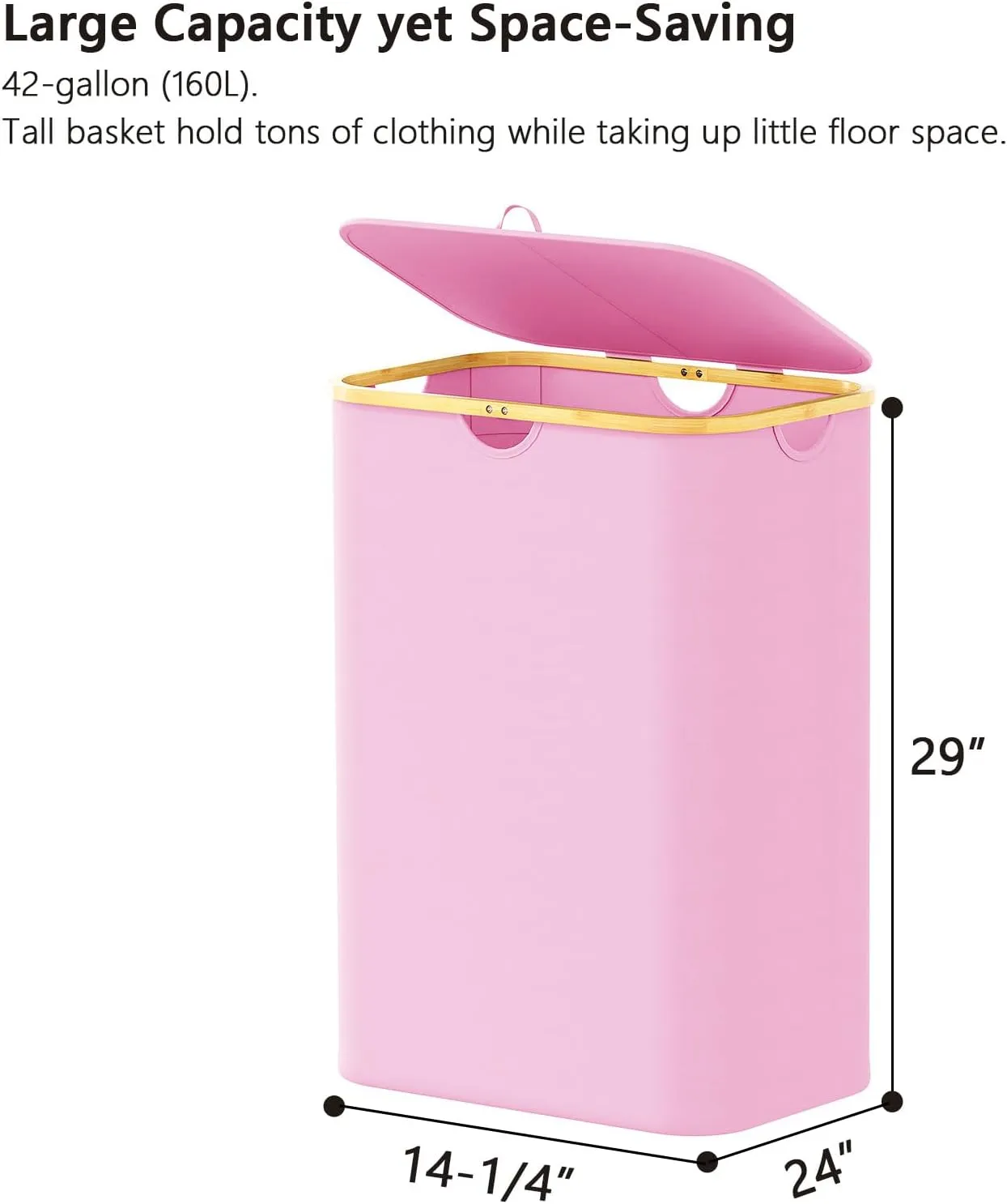 SpaceAid Double Laundry Hamper 2 Section with Lid and Removable Laundry Bags, 160L Clothes Basket with Bamboo Handles, Large Collapsible Hamper for Bedroom, Bathroom, Dorm, Laundry Room - Pink