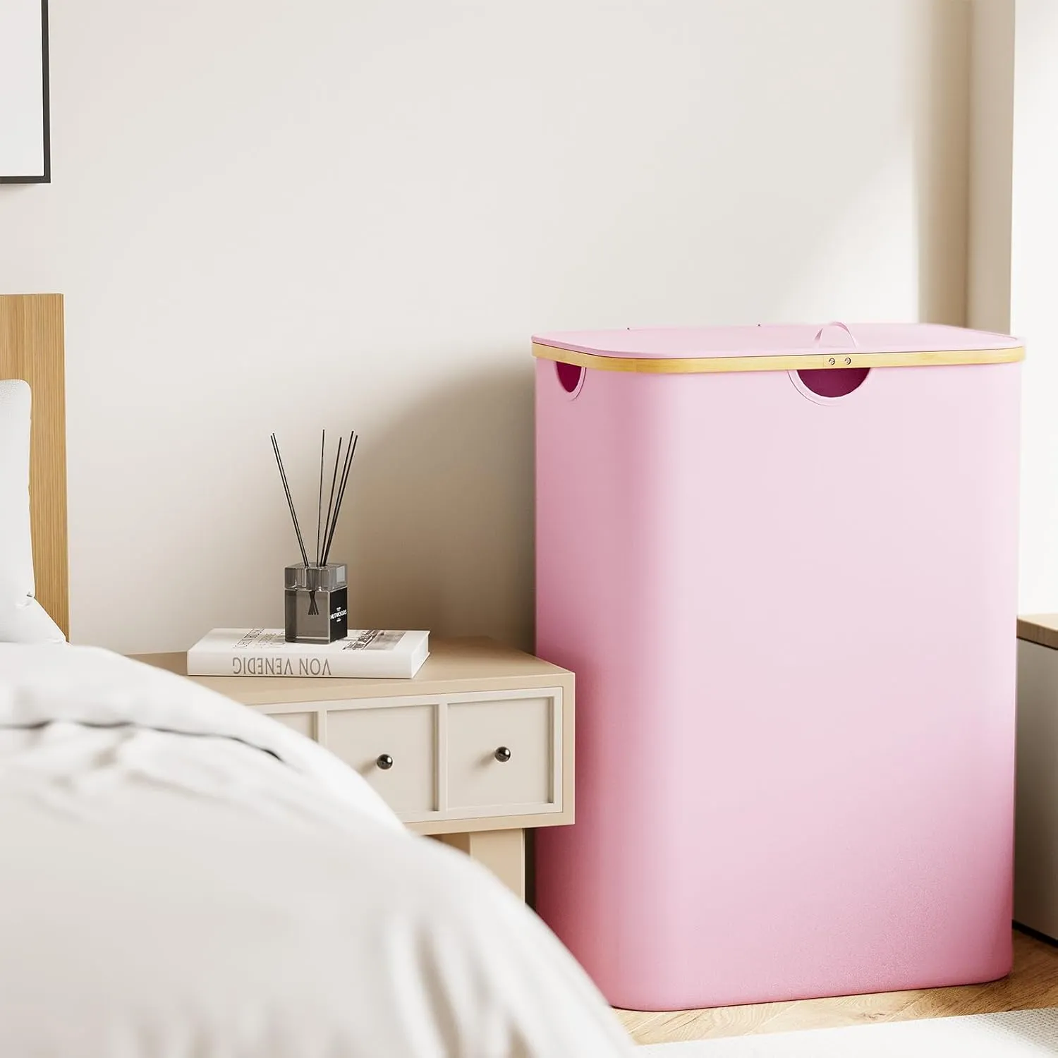 SpaceAid Double Laundry Hamper 2 Section with Lid and Removable Laundry Bags, 160L Clothes Basket with Bamboo Handles, Large Collapsible Hamper for Bedroom, Bathroom, Dorm, Laundry Room - Pink