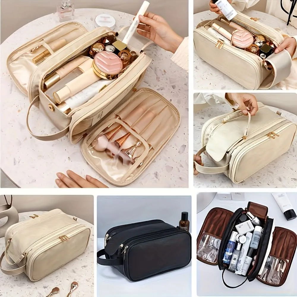Spacious Trifold Faux Leather Cosmetic Bag