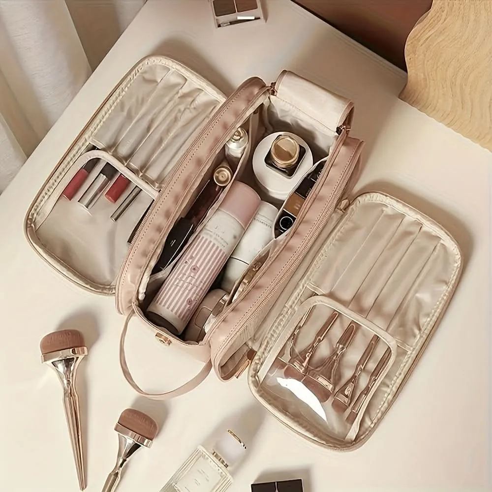 Spacious Trifold Faux Leather Cosmetic Bag