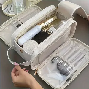 Spacious Trifold Faux Leather Cosmetic Bag