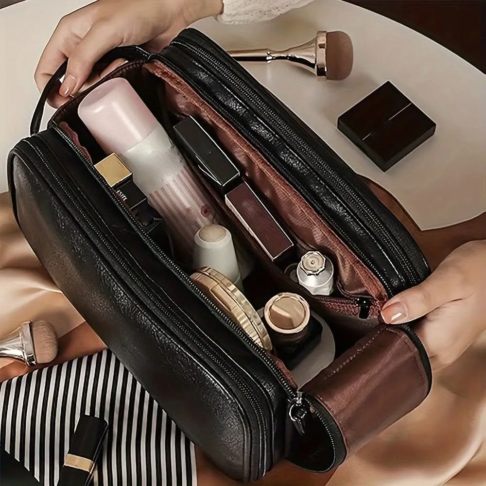 Spacious Trifold Faux Leather Cosmetic Bag