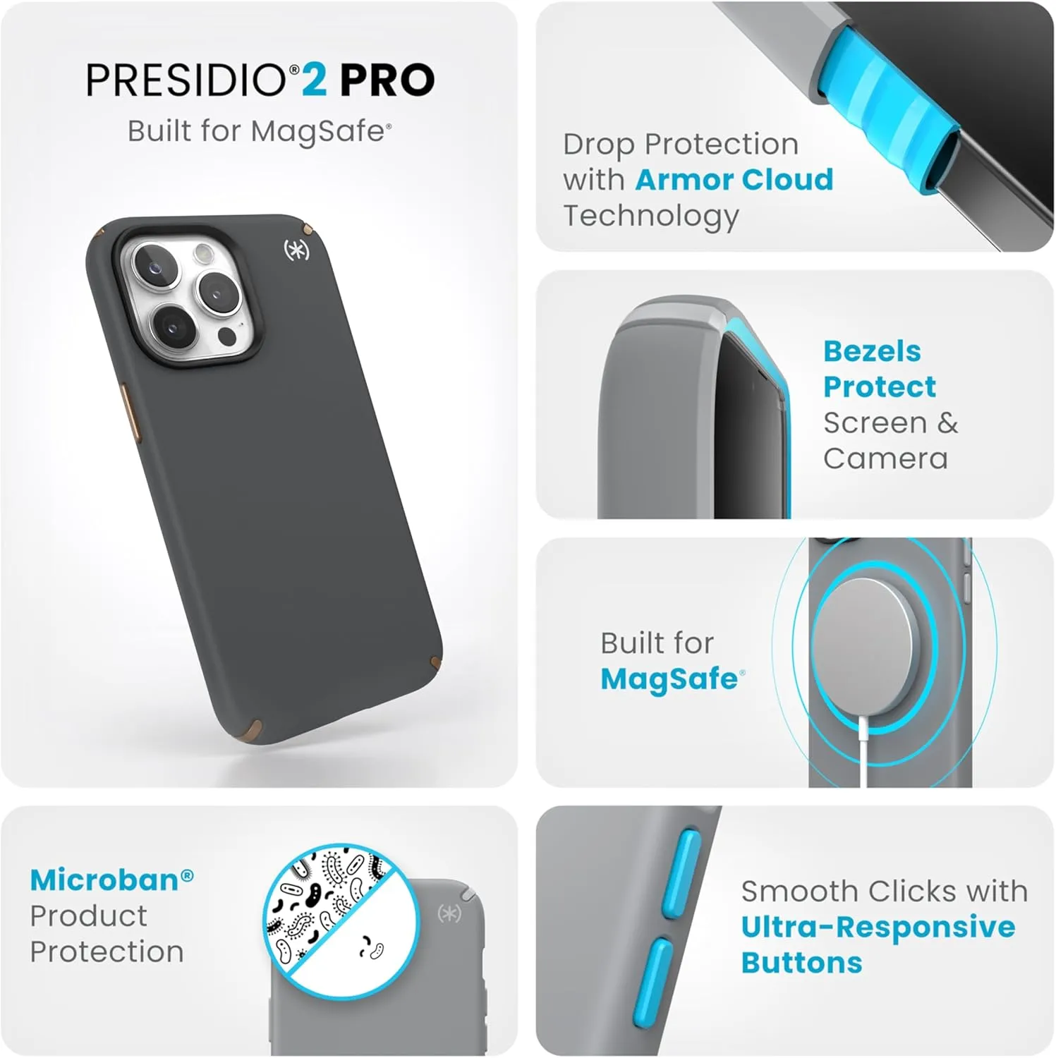 Speck iPhone 15 Pro Max Case - Built for MagSafe, Drop Protection - Scratch Resistant, Soft Touch, 6.7 Inch Phone Case - Presidio2 Pro Charcoal Grey/Cool Bronze/White