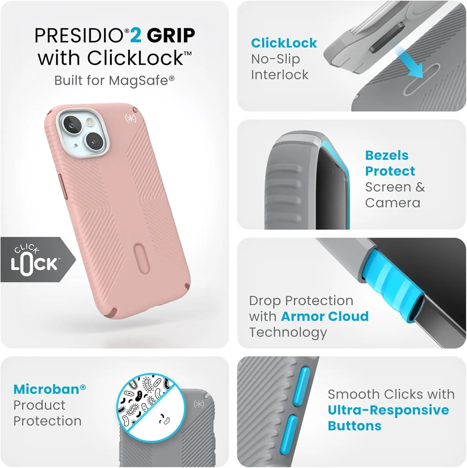 Speck MagSafe Case for iPhone 15 - Drop & Camera Protection, ClickLock No-Slip, Wireless Charging Compatible, Fits All 6.1 Inch Models Including iPhone 14, iPhone 13 - Dahlia Pink/Rose Copper/White
