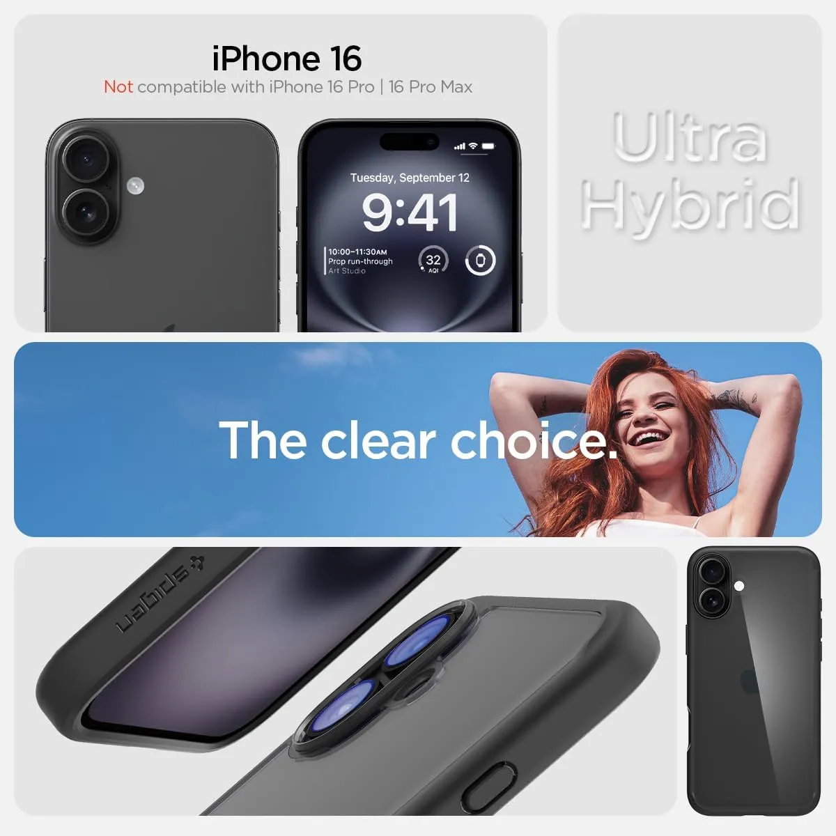 Spigen Ultra Hybrid Designed for iPhone 16 Case [NOT Compatible with MagSafe], [Anti-Yellowing], [Military-Grade Protection] - Matte Black