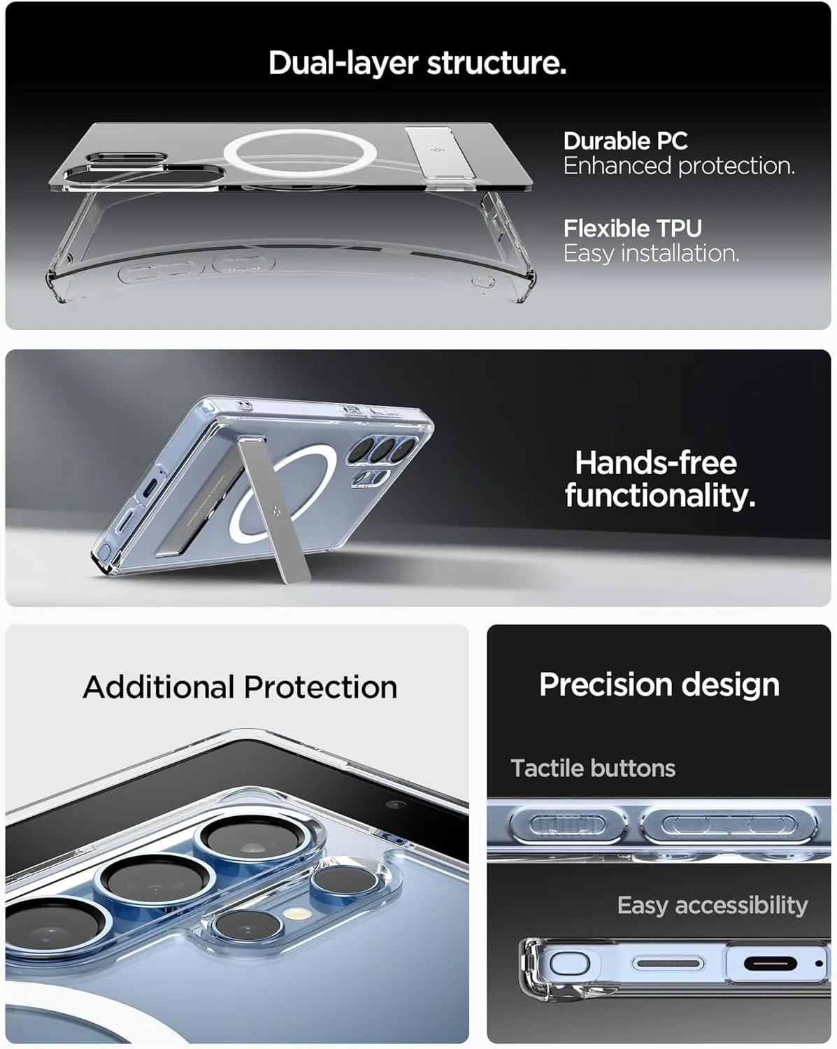 Spigen Ultra Hybrid S MagFit Designed for Galaxy S25 Ultra Case [Kickstand] [Fast Wireless Charging] (2025) - Clear White