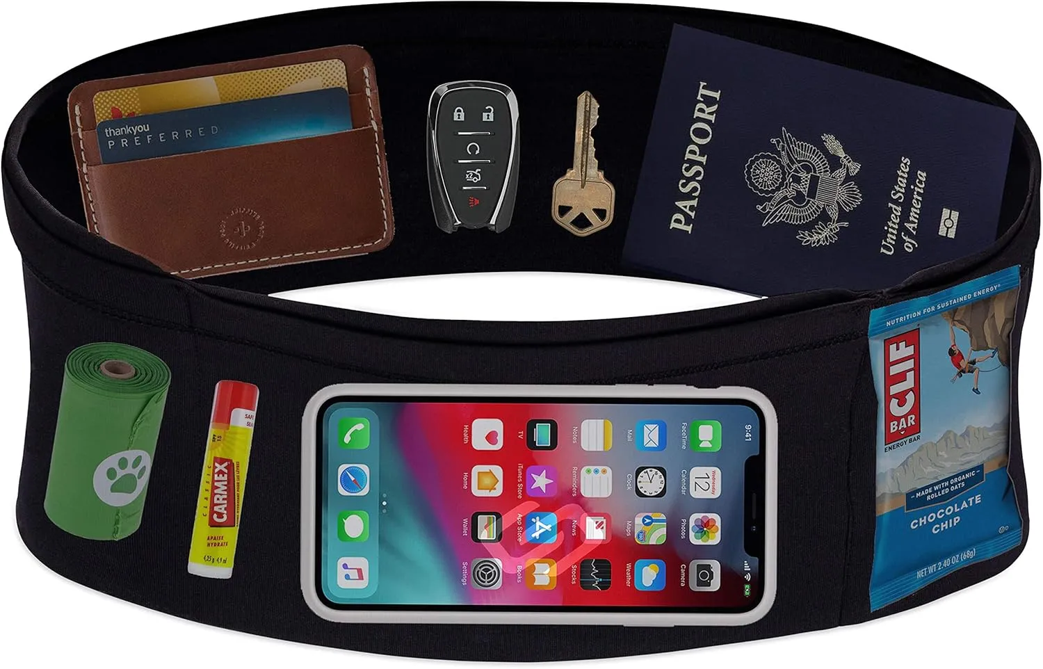 Sporteer VersaMax Running Belt, Travel Belt, Workout Waist Pack - Large Security Pockets Fit All Smartphones, Money, Passport, and Other Valuable Items (Black, Large)