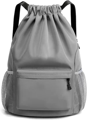 Sports Drawstring Backpack String Swimming Gym Bag Backpack with Shoes Compartment and Pocket for Men Women (grey)