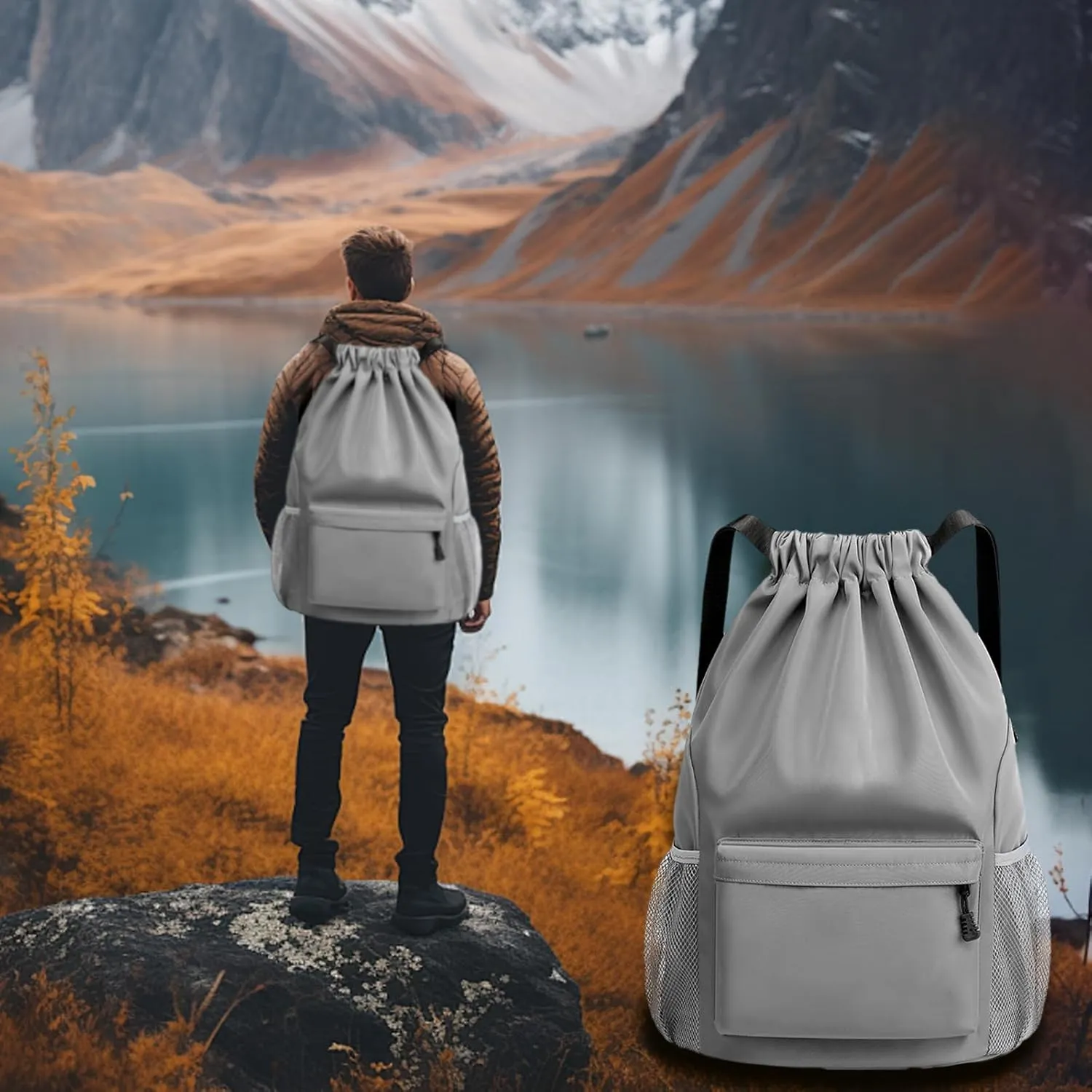 Sports Drawstring Backpack String Swimming Gym Bag Backpack with Shoes Compartment and Pocket for Men Women (grey)