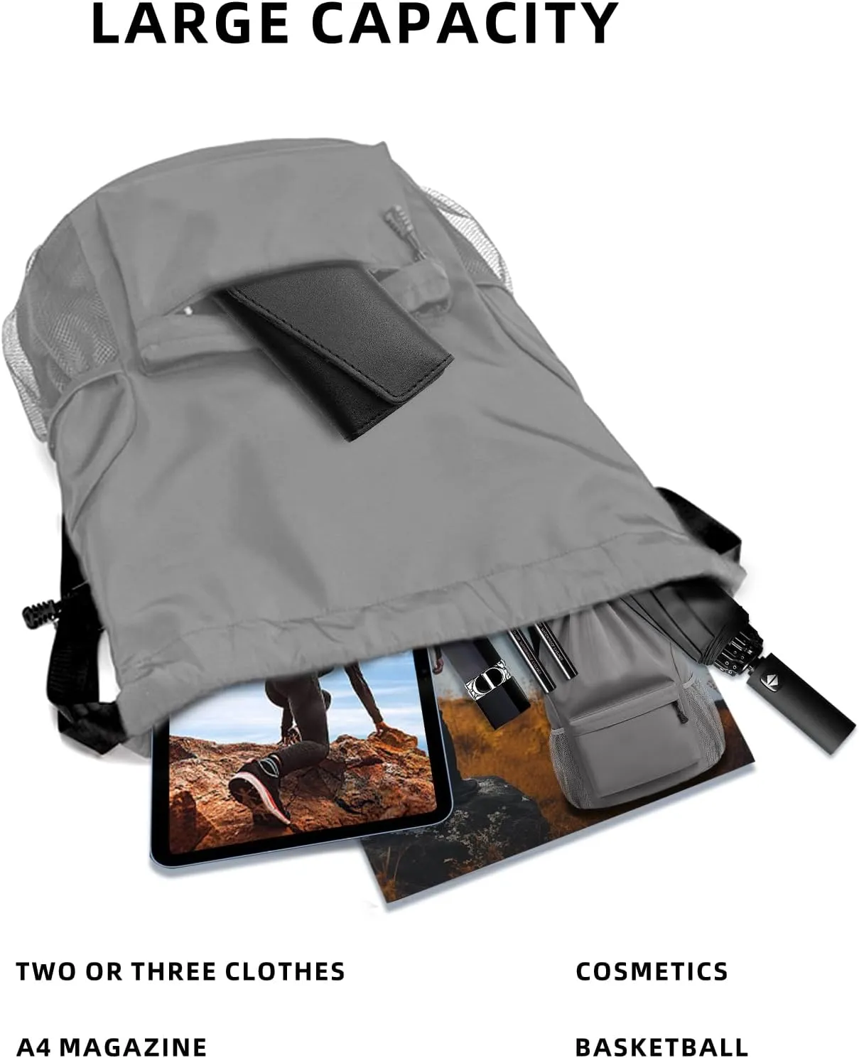 Sports Drawstring Backpack String Swimming Gym Bag Backpack with Shoes Compartment and Pocket for Men Women (grey)