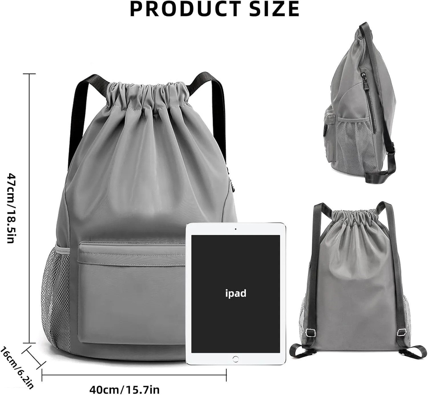Sports Drawstring Backpack String Swimming Gym Bag Backpack with Shoes Compartment and Pocket for Men Women (grey)