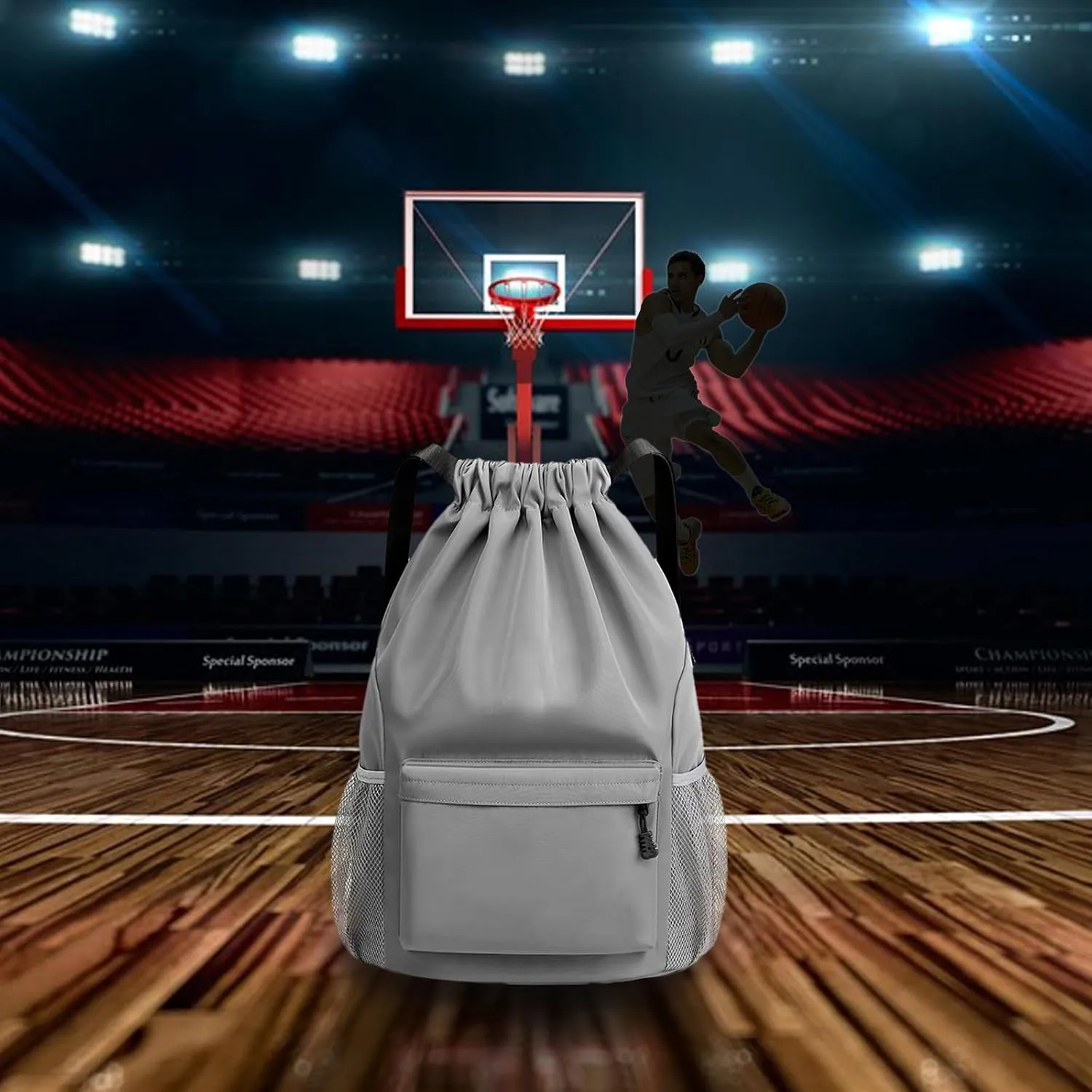 Sports Drawstring Backpack String Swimming Gym Bag Backpack with Shoes Compartment and Pocket for Men Women (grey)