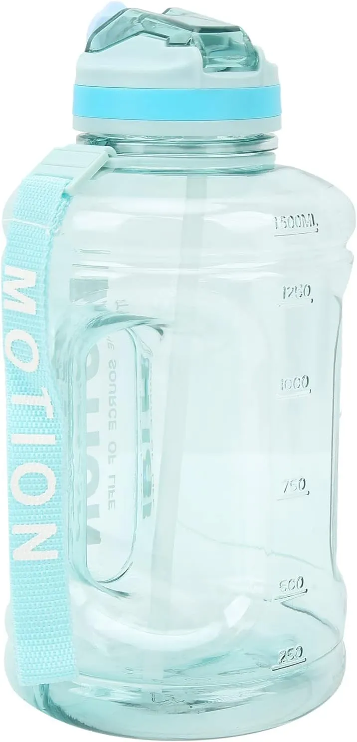 Sports Water Bottle, 1500ml Large Capacity Fitness Sports Water Bottle, Portable Sports Straw Cup, Hiking Water Bottles with Scale Marking, for Gym, OutdoorGreen