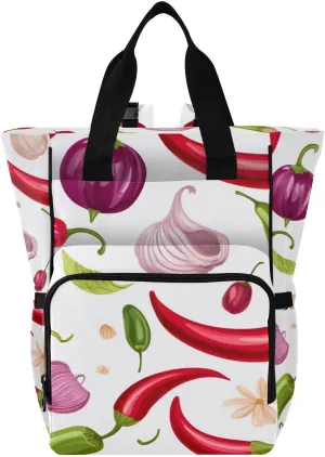 SPRIPORT Chili Pepper Onion Diaper Bag Backpack for Baby Boys Girls Travel Tote with Stroller Straps & Bottle Storage Maternity Travel Bag for Moms Dads Traveling Shopping Hiking