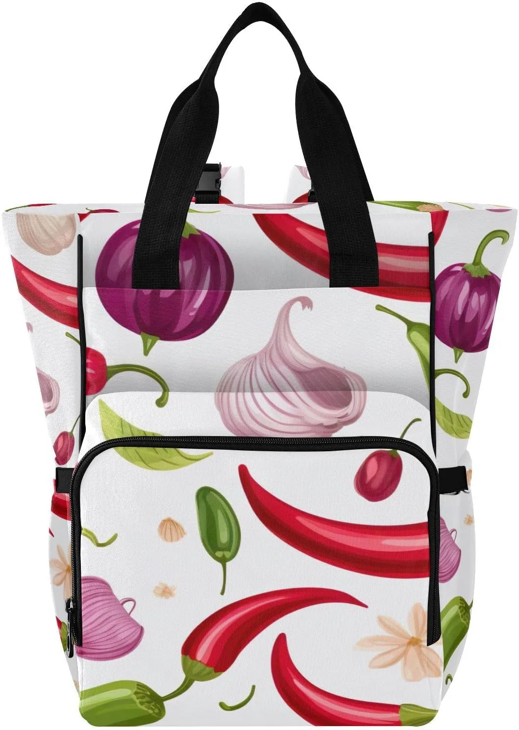 SPRIPORT Chili Pepper Onion Diaper Bag Backpack for Baby Boys Girls Travel Tote with Stroller Straps & Bottle Storage Maternity Travel Bag for Moms Dads Traveling Shopping Hiking