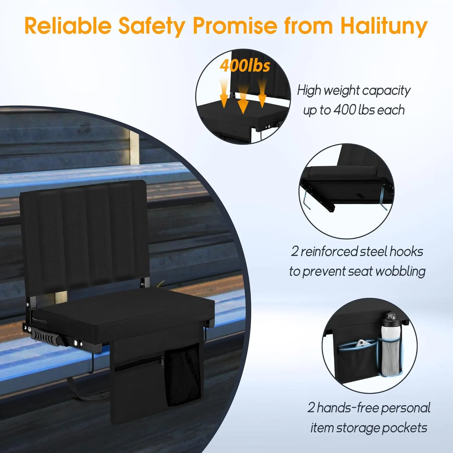 Stadium Seat for Bleachers with Back Support, Portable Bleacher Seat with Wide Comfy Padded Cushion, Metal Hook, Folding Stadium Chair with Shoulder Strap, Carry Handle, Cup Holder
