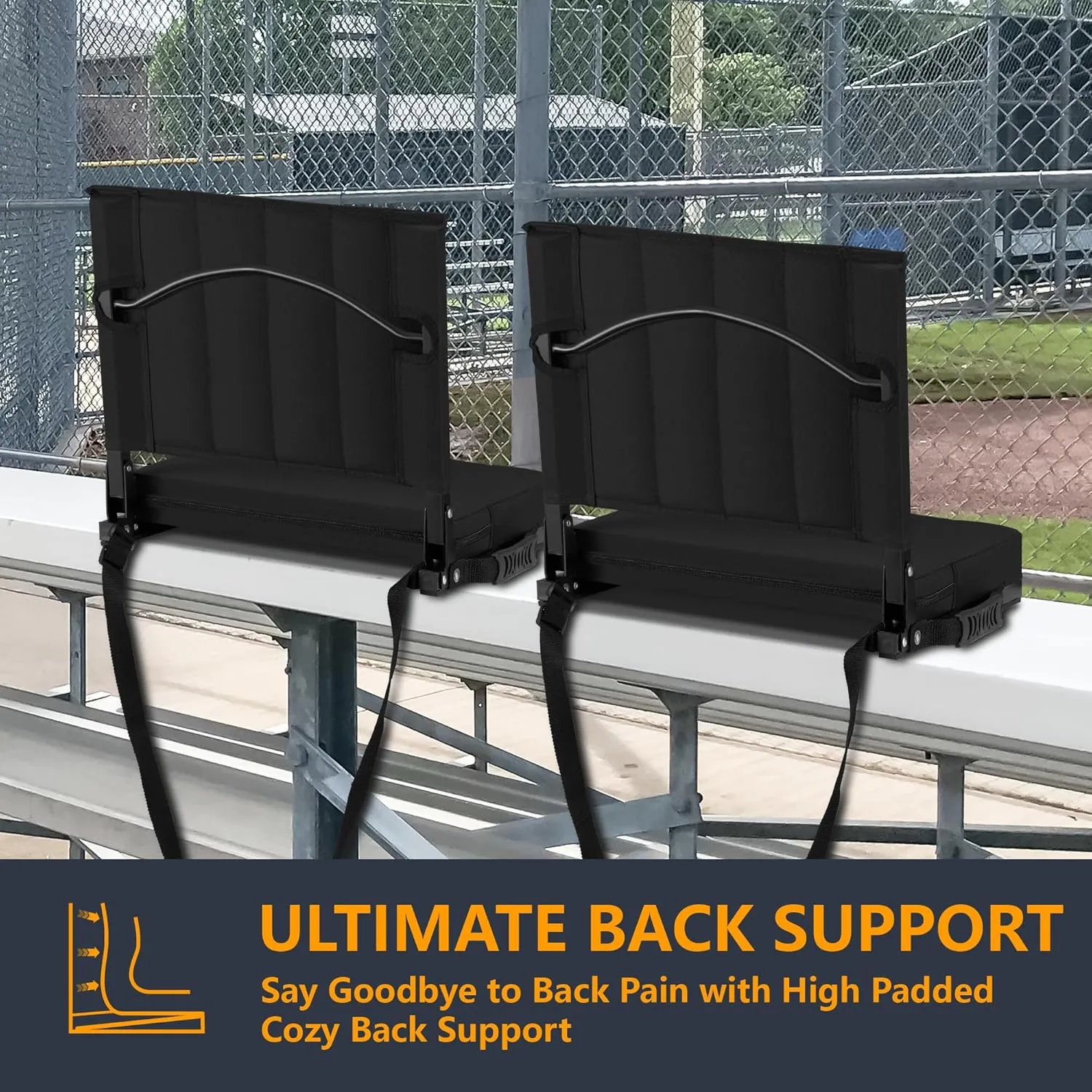 Stadium Seat for Bleachers with Back Support, Portable Bleacher Seat with Wide Comfy Padded Cushion, Metal Hook, Folding Stadium Chair with Shoulder Strap, Carry Handle, Cup Holder