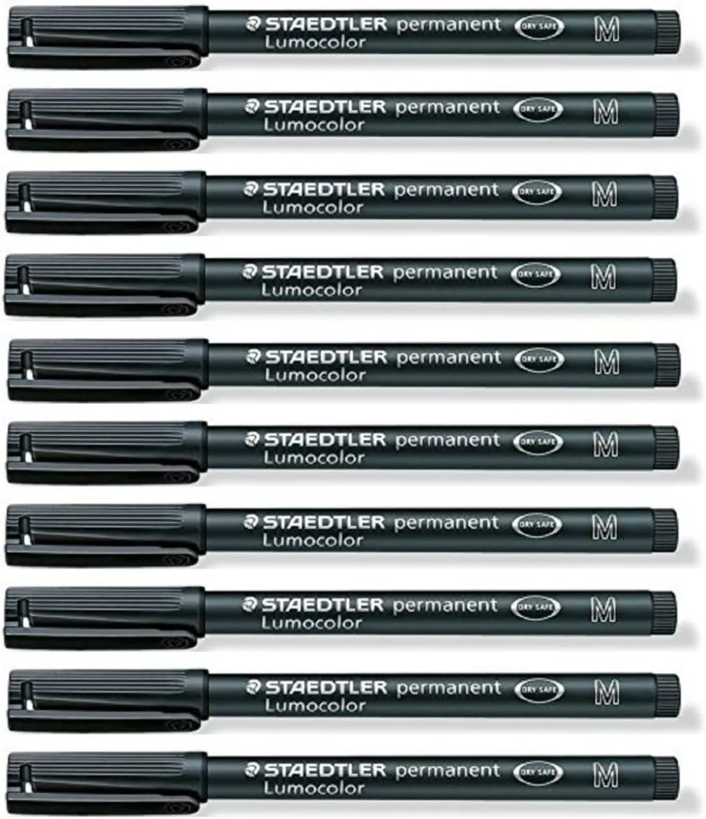 Staedtler Lumocolor Black Medium Permanent Marker Pens Pack of 10 Waterproof Smudge Resistant Quick Dry CD DVD OHP