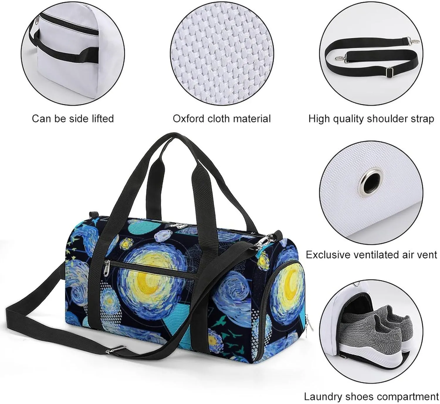 Starrys Skys Moon on Black Water Resistant Gym Bag with Shoe Compartment, Travel Duffel Tote Bag Weekender Overnight Bag for Women Men