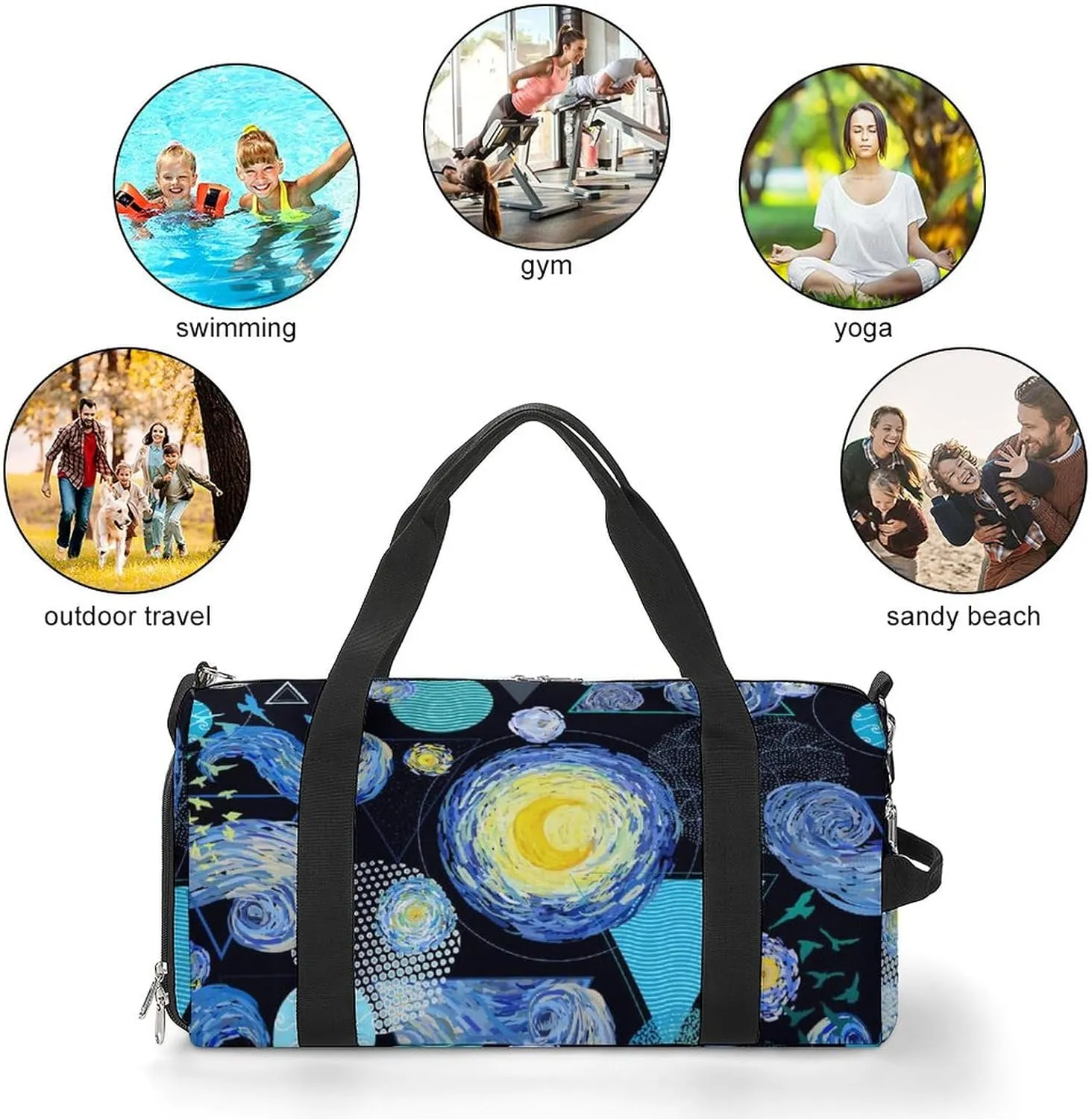 Starrys Skys Moon on Black Water Resistant Gym Bag with Shoe Compartment, Travel Duffel Tote Bag Weekender Overnight Bag for Women Men