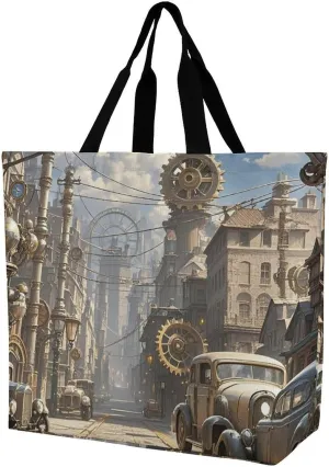 Steampunk City Printed Large Capacity Shoulder Handbags Beach Tote Bags Shopping Storage Bag Washable Bag for Women Travel