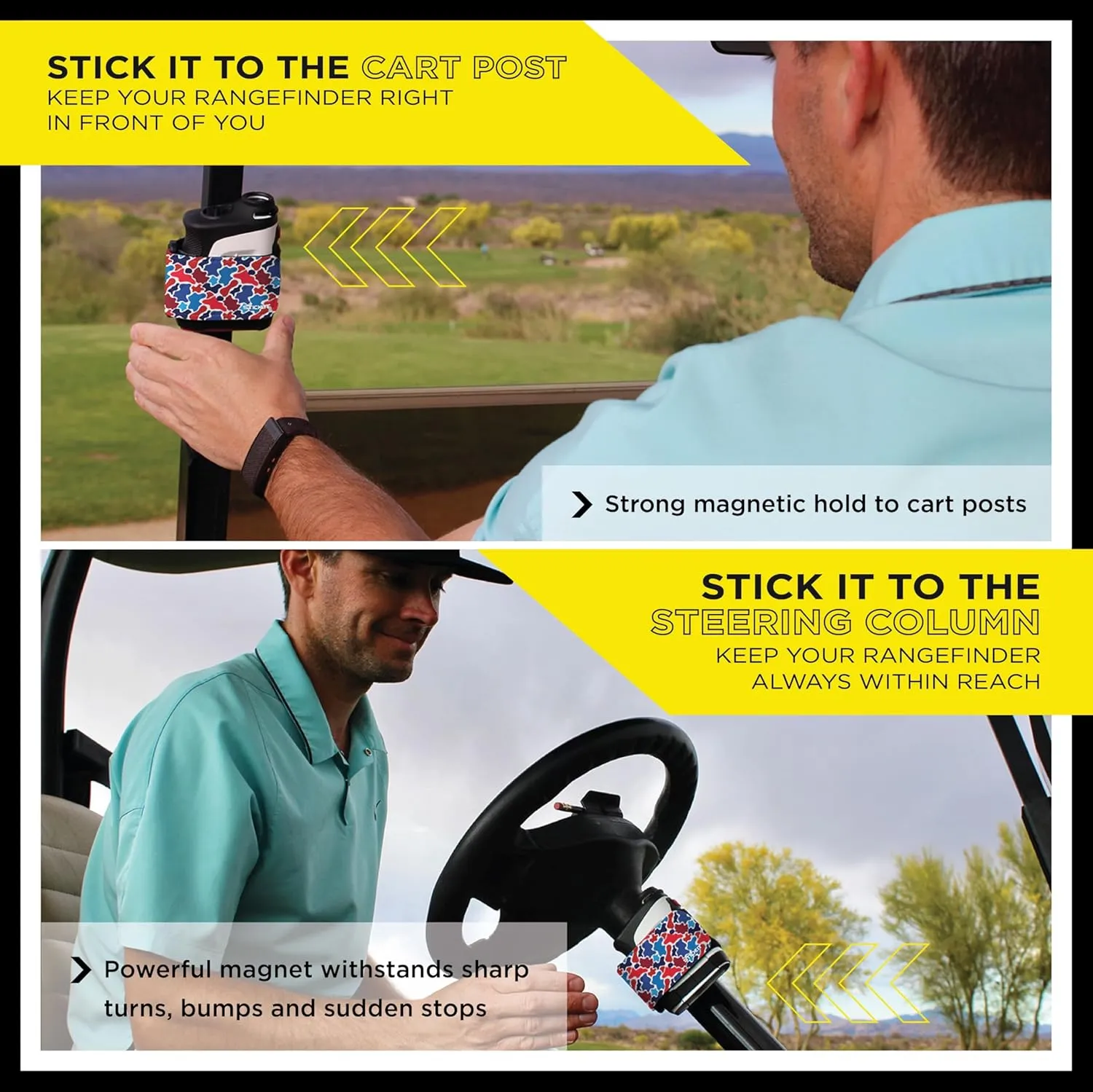 STICKIT Magnetic Rangefinder Strap | Strong Magnet Securely Holds to Golf Carts and Golf Clubs for Easy Access | Slim, Form Fitting, Size Adjustable