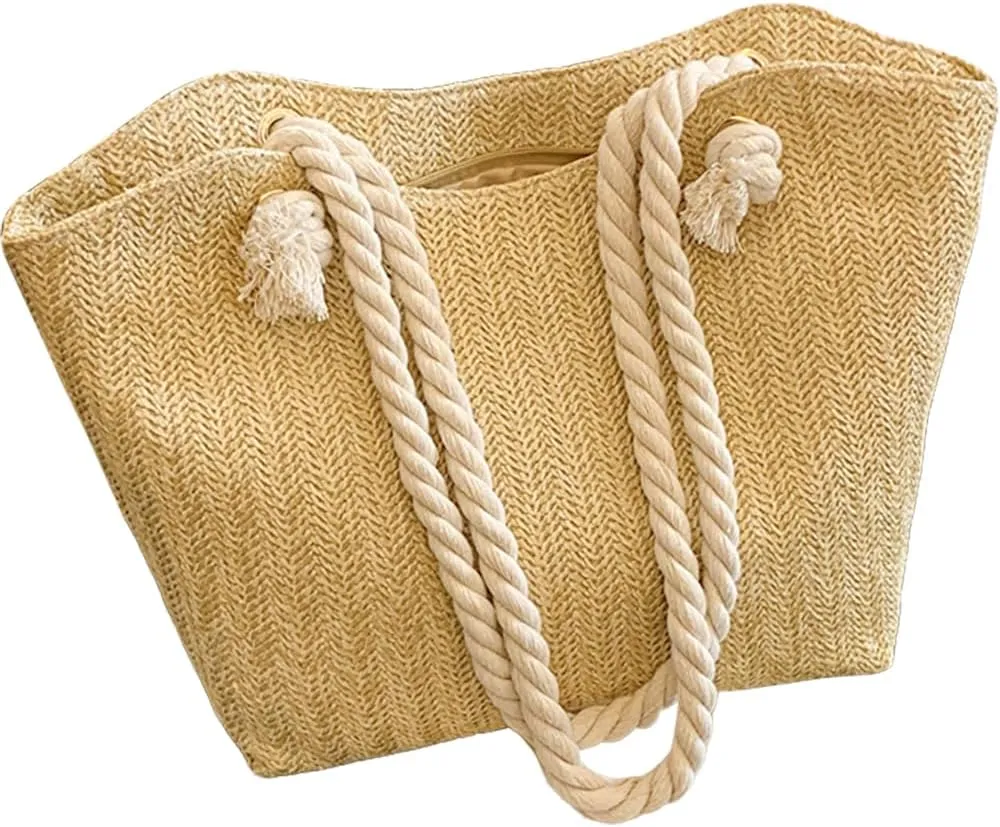 Straw Beach Tote Bag, Summer Woven Shoulder Handbag, Rope Handle Purse for Vacation Travel Shopping