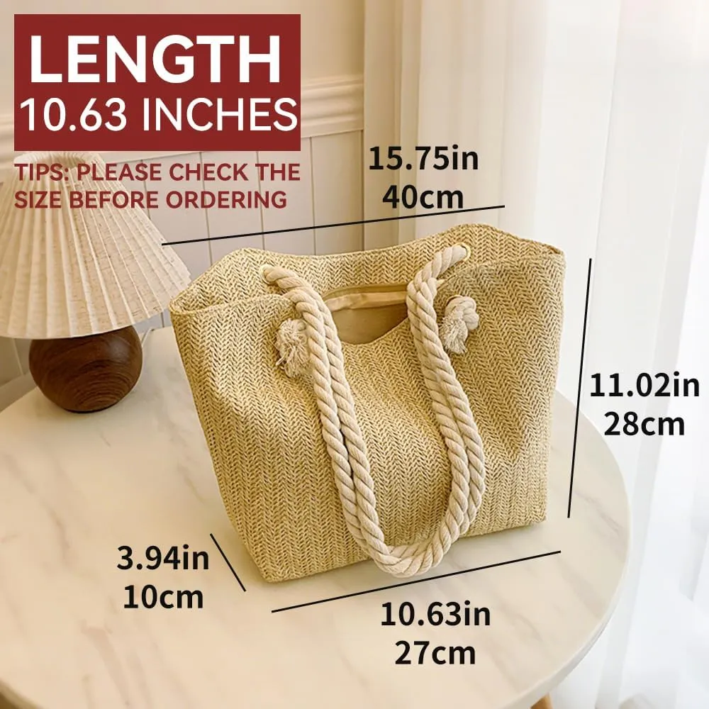 Straw Beach Tote Bag, Summer Woven Shoulder Handbag, Rope Handle Purse for Vacation Travel Shopping